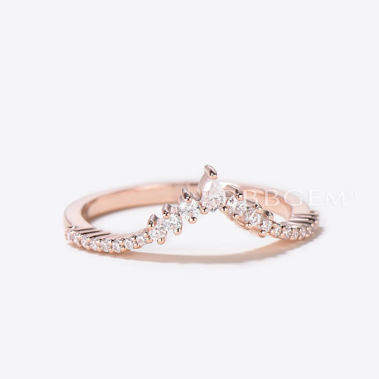 Rose Gold Curved Moissanite Wedding Band Pear & Round Cut Moissanite Ring