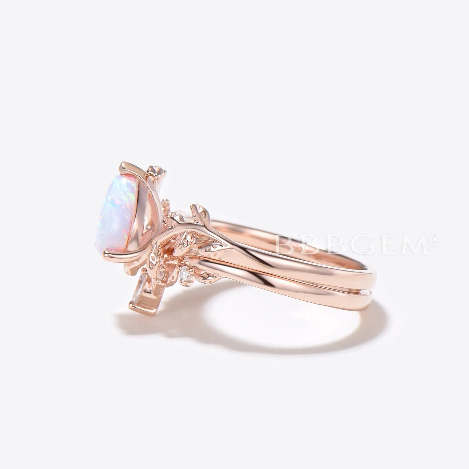 Rose Gold Pear Shaped Opal Engagement Ring Twig Leaf Vine Ring