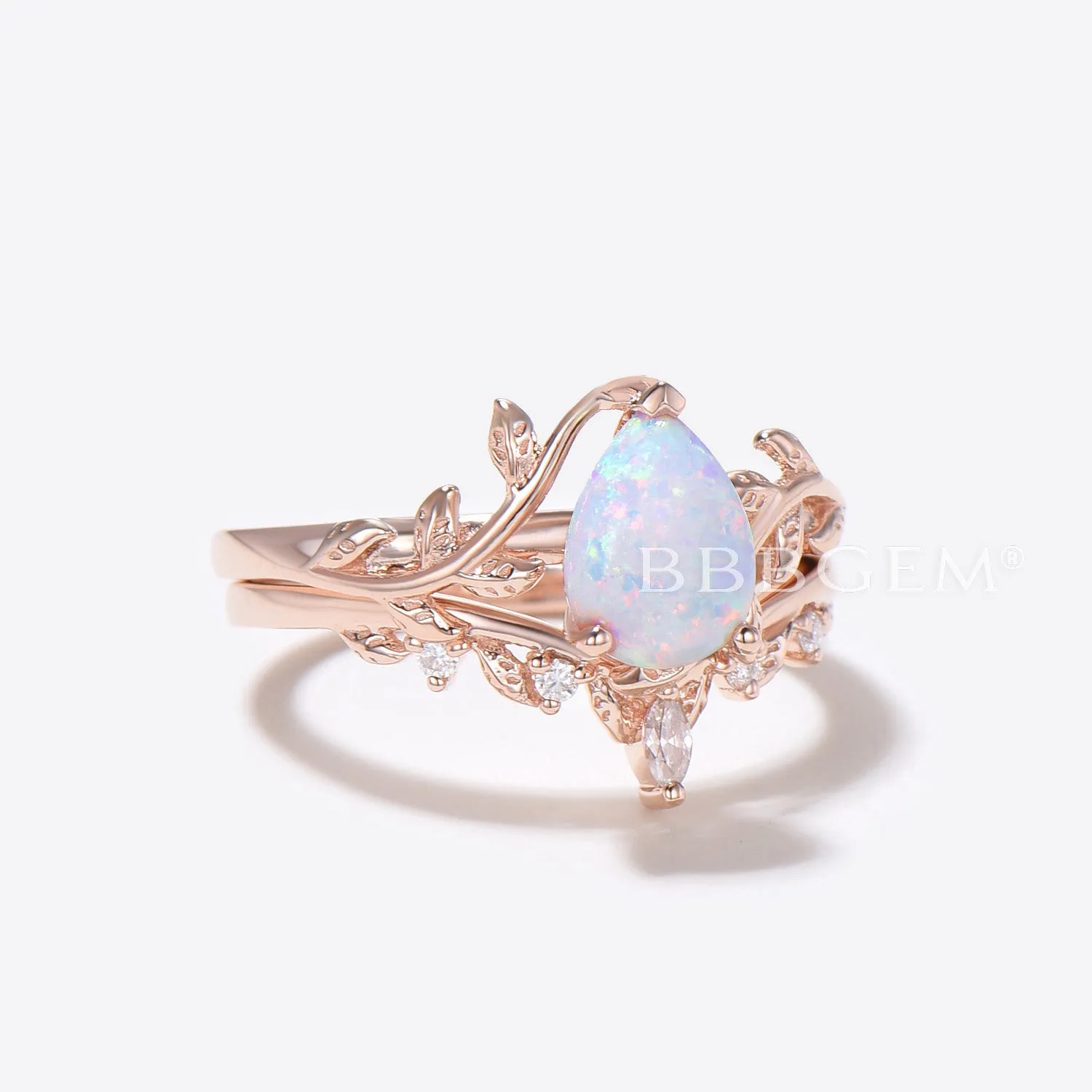 Rose Gold Pear Shaped Opal Engagement Ring Twig Leaf Vine Ring