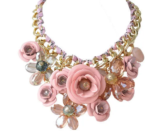 Rosy PINK Necklaces & Pendants Hot Sale Transparent Big Resin Crystal Flower Vintage Choker Statement Necklace Fashion Jewelry