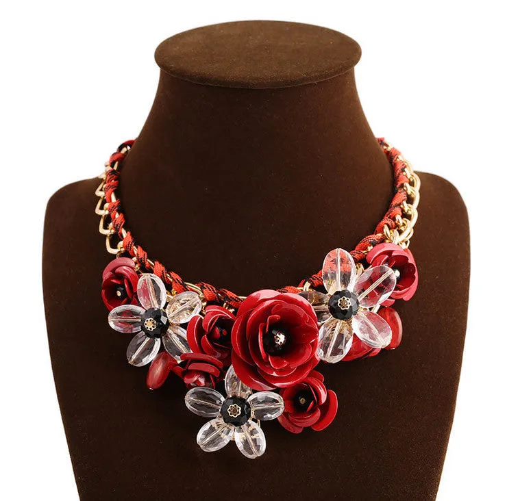 Rosy PINK Necklaces & Pendants Hot Sale Transparent Big Resin Crystal Flower Vintage Choker Statement Necklace Fashion Jewelry