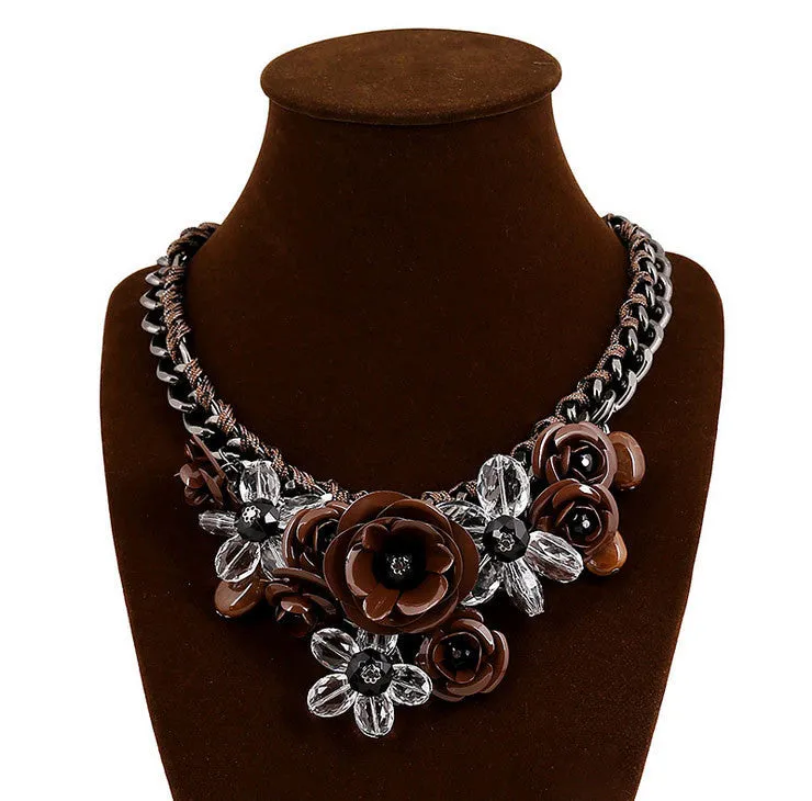 Rosy PINK Necklaces & Pendants Hot Sale Transparent Big Resin Crystal Flower Vintage Choker Statement Necklace Fashion Jewelry