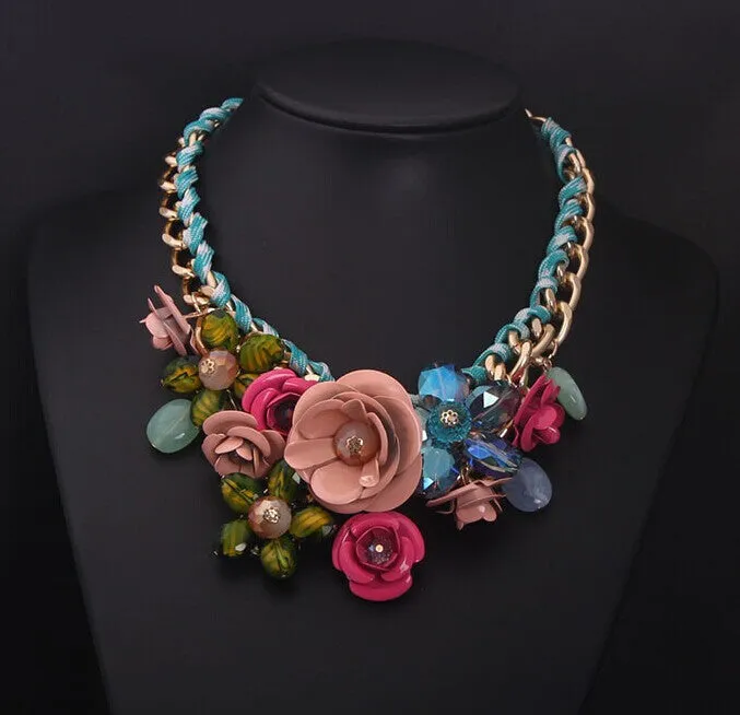 Rosy PINK Necklaces & Pendants Hot Sale Transparent Big Resin Crystal Flower Vintage Choker Statement Necklace Fashion Jewelry