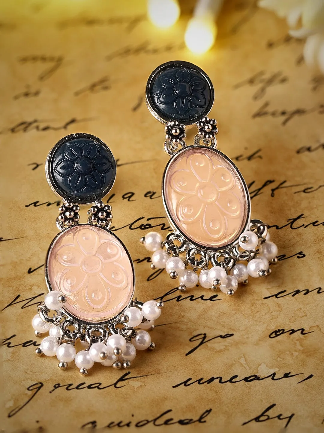 Rubans Engraved Gemstone & Pearl Elegance Oxidised Silver Plated Drop Earrings