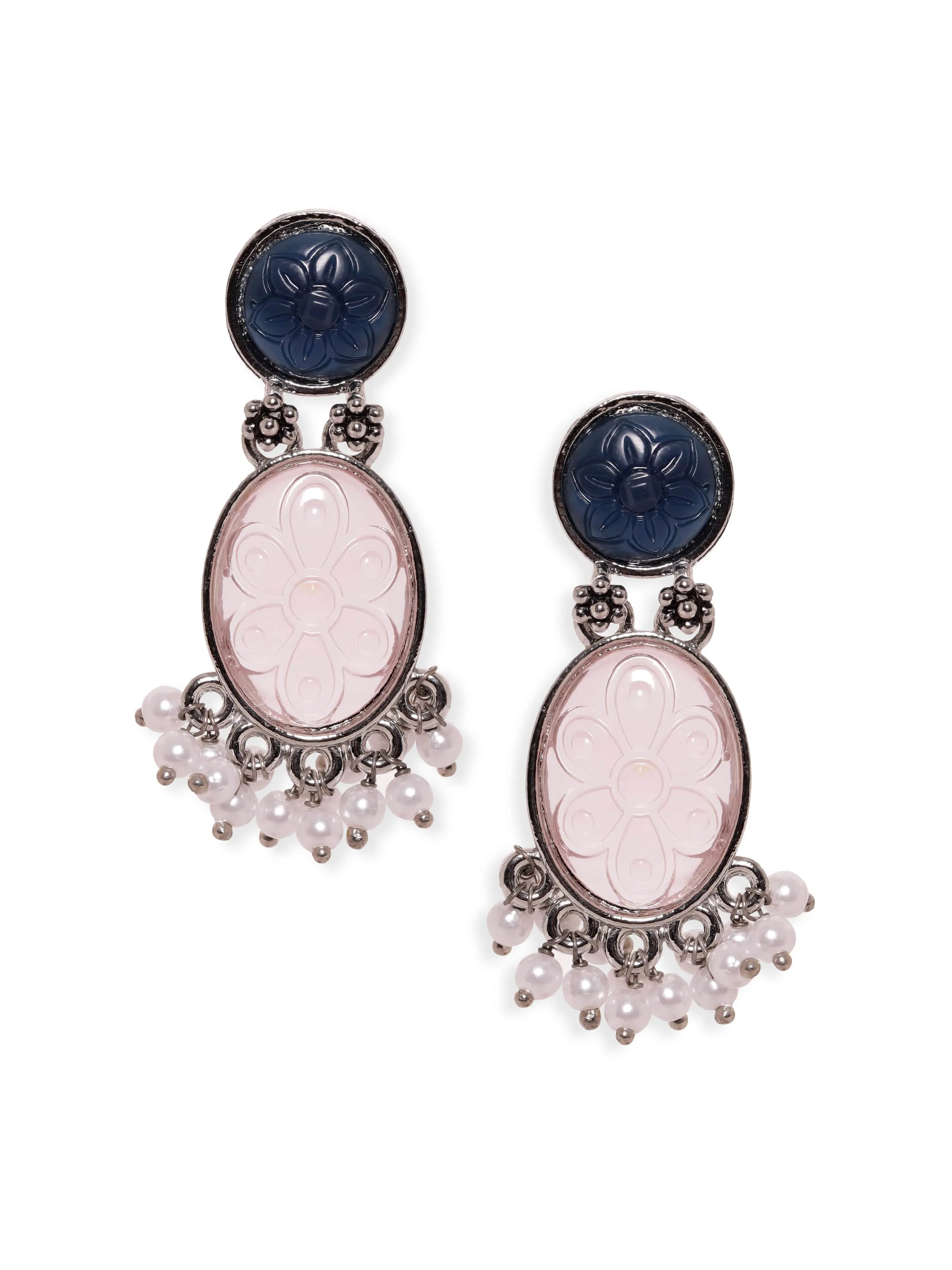 Rubans Engraved Gemstone & Pearl Elegance Oxidised Silver Plated Drop Earrings