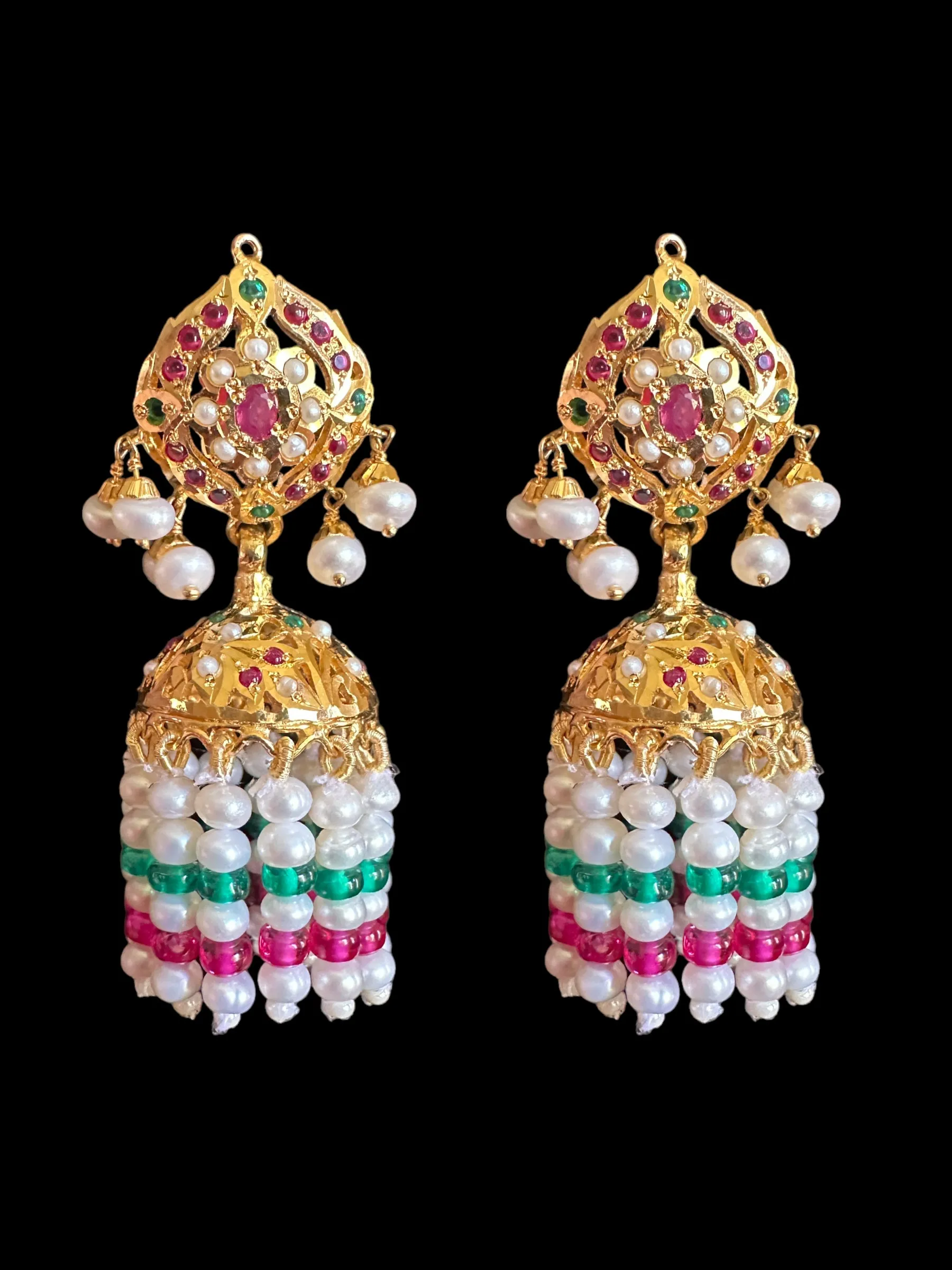 Ruby emerald with  Fresh water pearl jhumka in gold plated silver ( SHIPS IN 4 WEEKS  )