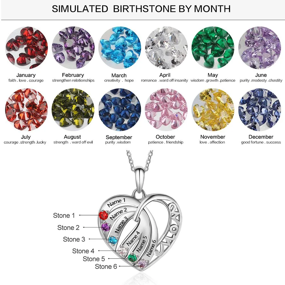 S925 Custom Names Six Colorful Birthstones Heart Shape Pendant Necklace