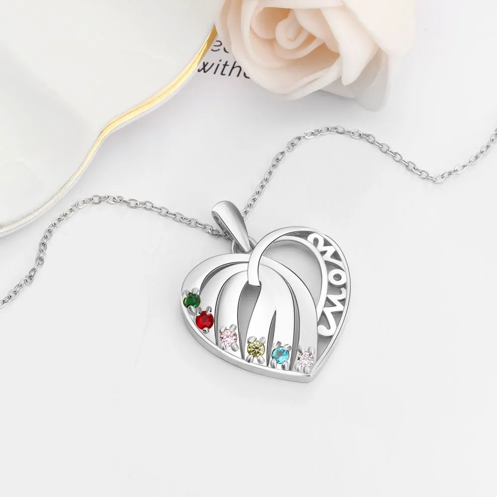 S925 Custom Names Six Colorful Birthstones Heart Shape Pendant Necklace