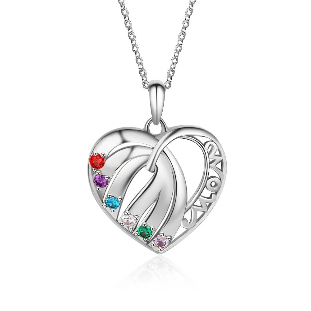 S925 Custom Names Six Colorful Birthstones Heart Shape Pendant Necklace