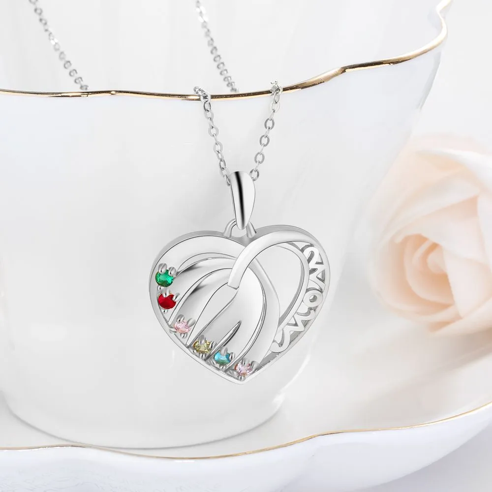 S925 Custom Names Six Colorful Birthstones Heart Shape Pendant Necklace