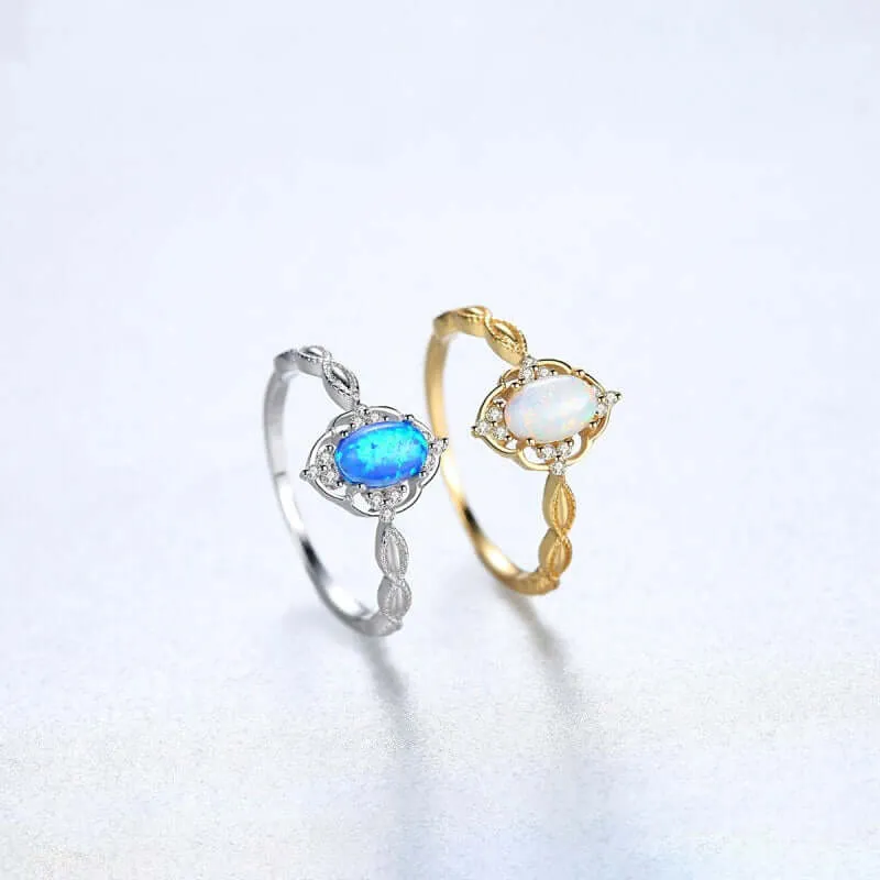 S925 Sterling Silver Oval Opal and CZ Diamond Ring