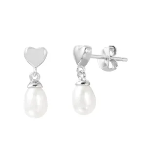 Silver 925 Rhodium Plated Heart with Dangling Fresh Water Pearl Post Earrings