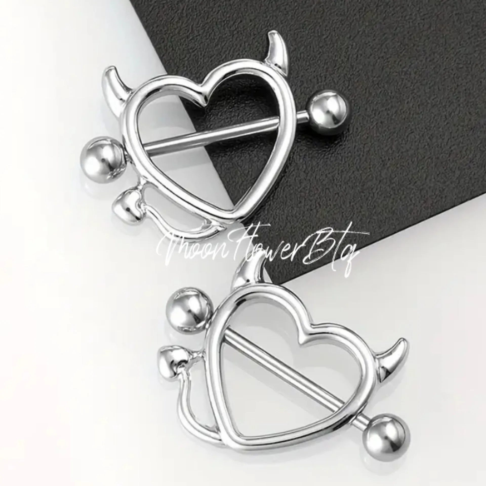 Silver Devil Heart Nipple Rings