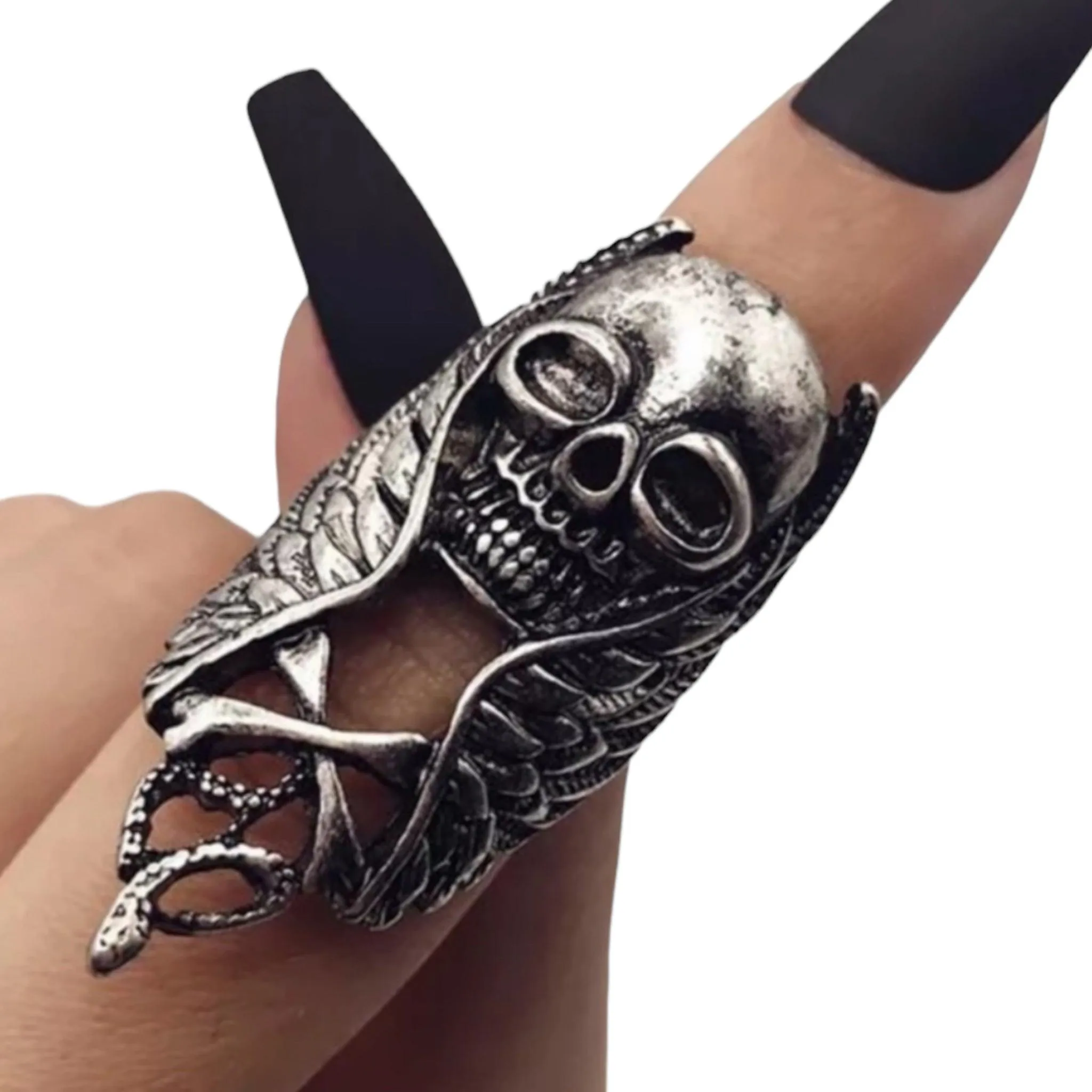 Silver Winged Skull Serpent Ring