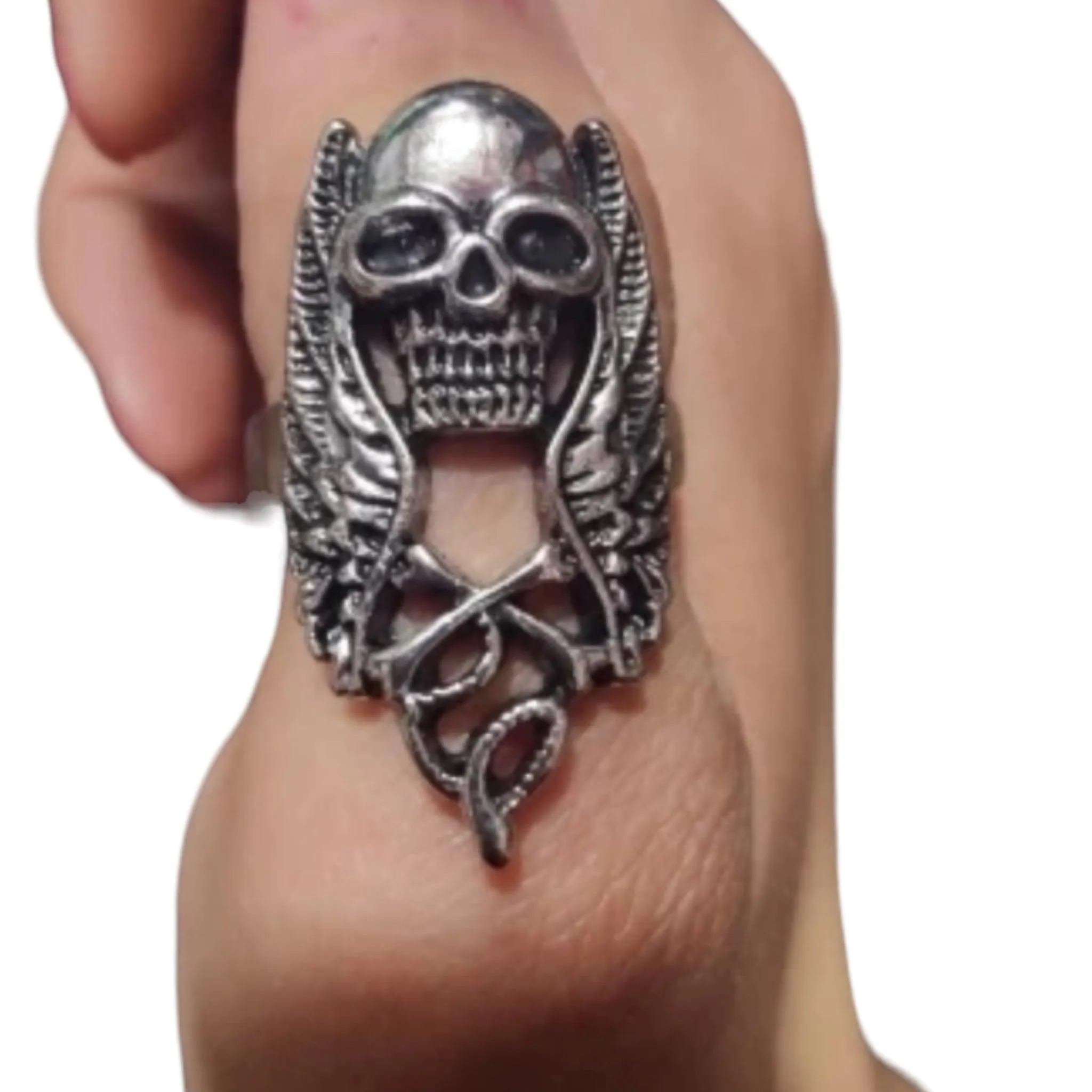 Silver Winged Skull Serpent Ring