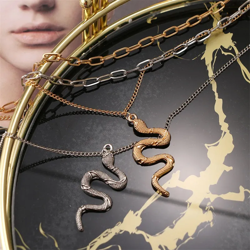 Simple Alloy Double Chain Snake Pendant Necklace