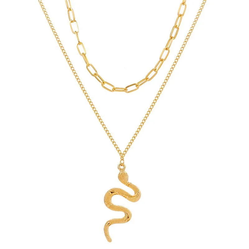 Simple Alloy Double Chain Snake Pendant Necklace