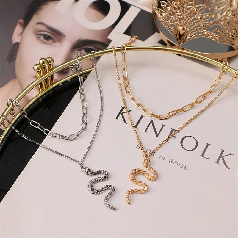 Simple Alloy Double Chain Snake Pendant Necklace