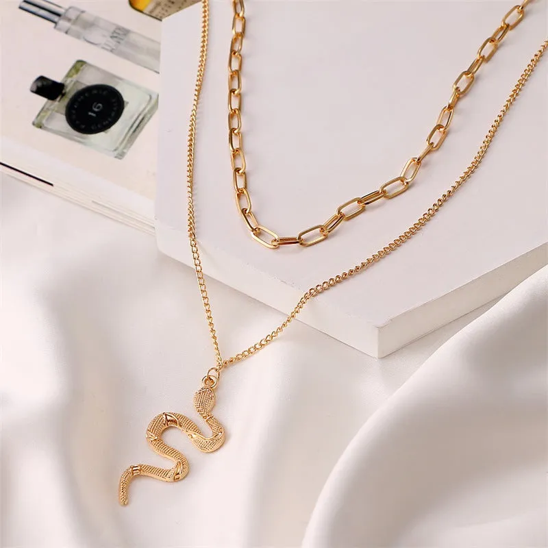 Simple Alloy Double Chain Snake Pendant Necklace