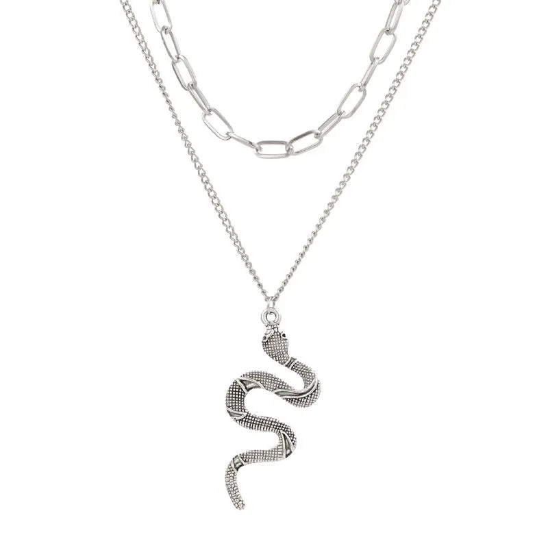 Simple Alloy Double Chain Snake Pendant Necklace