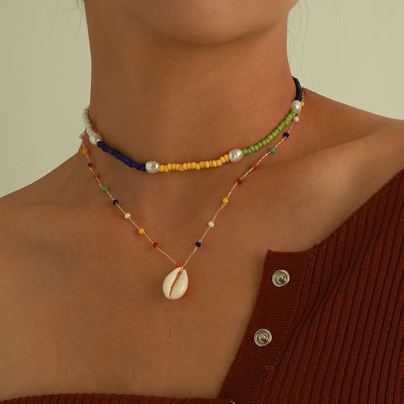 Simple Color Beads Shell Pendant Multilayer Necklace