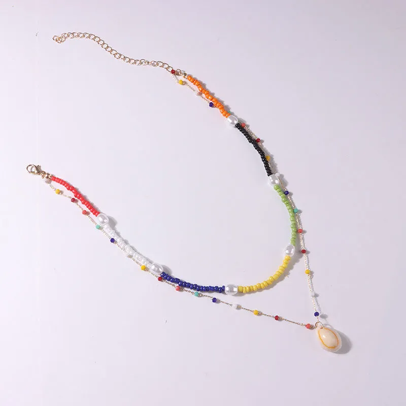 Simple Color Beads Shell Pendant Multilayer Necklace