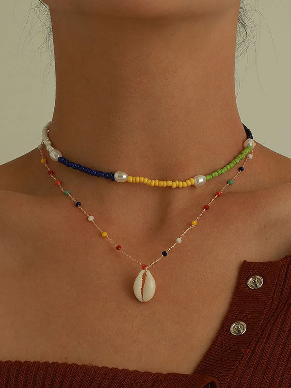 Simple Color Beads Shell Pendant Multilayer Necklace