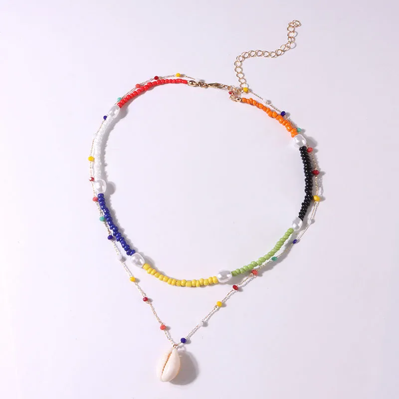 Simple Color Beads Shell Pendant Multilayer Necklace