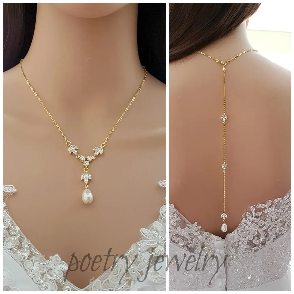 Simple Gold Back Drop Bridal Necklace with Pearl Crystal-Leila