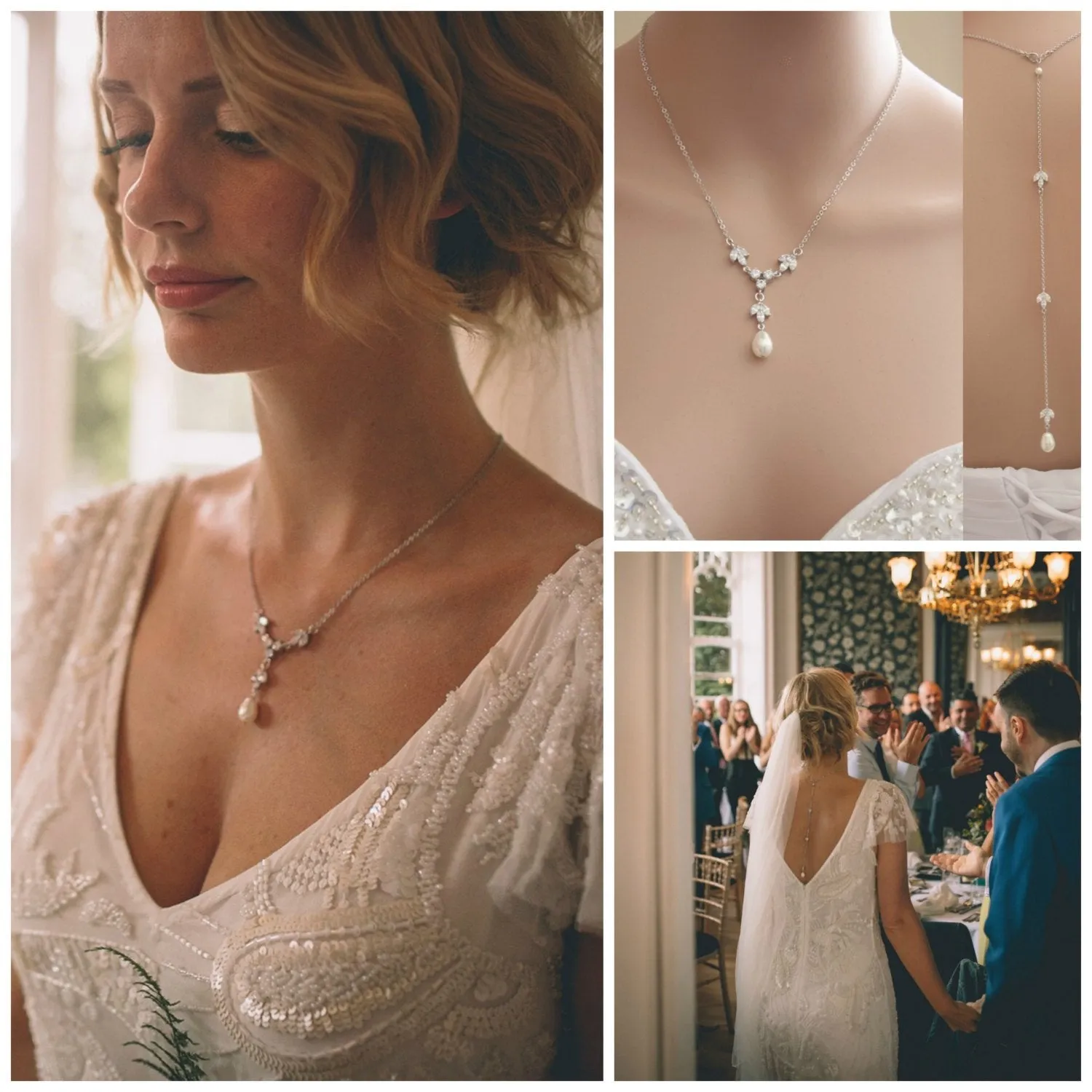 Simple Gold Back Drop Bridal Necklace with Pearl Crystal-Leila