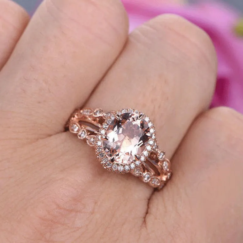 Split Shank Oval Morganite Diamond Halo Engagement Ring Unique