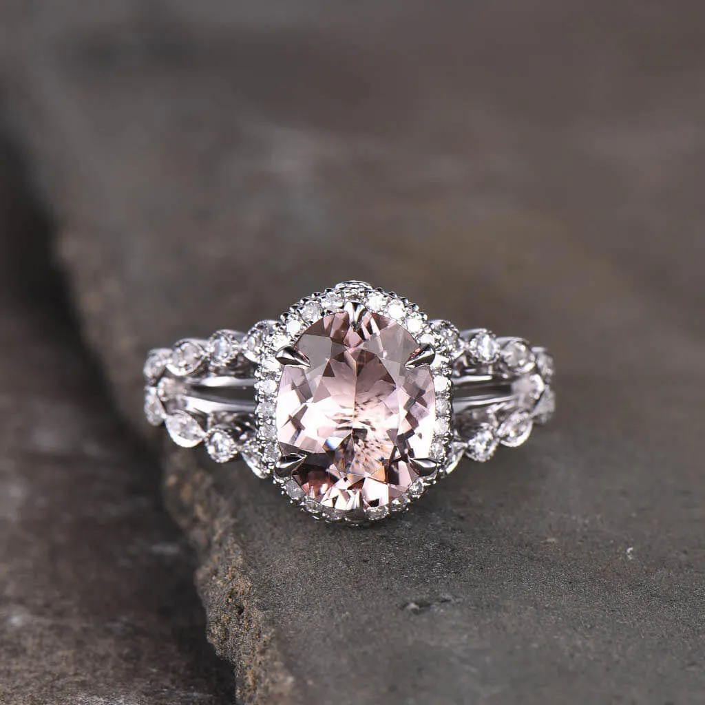 Split Shank Oval Morganite Diamond Halo Engagement Ring Unique