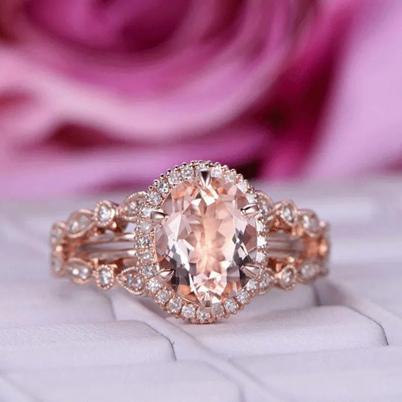 Split Shank Oval Morganite Diamond Halo Engagement Ring Unique