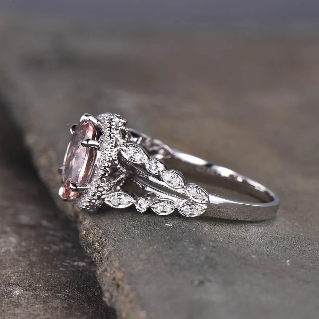 Split Shank Oval Morganite Diamond Halo Engagement Ring Unique