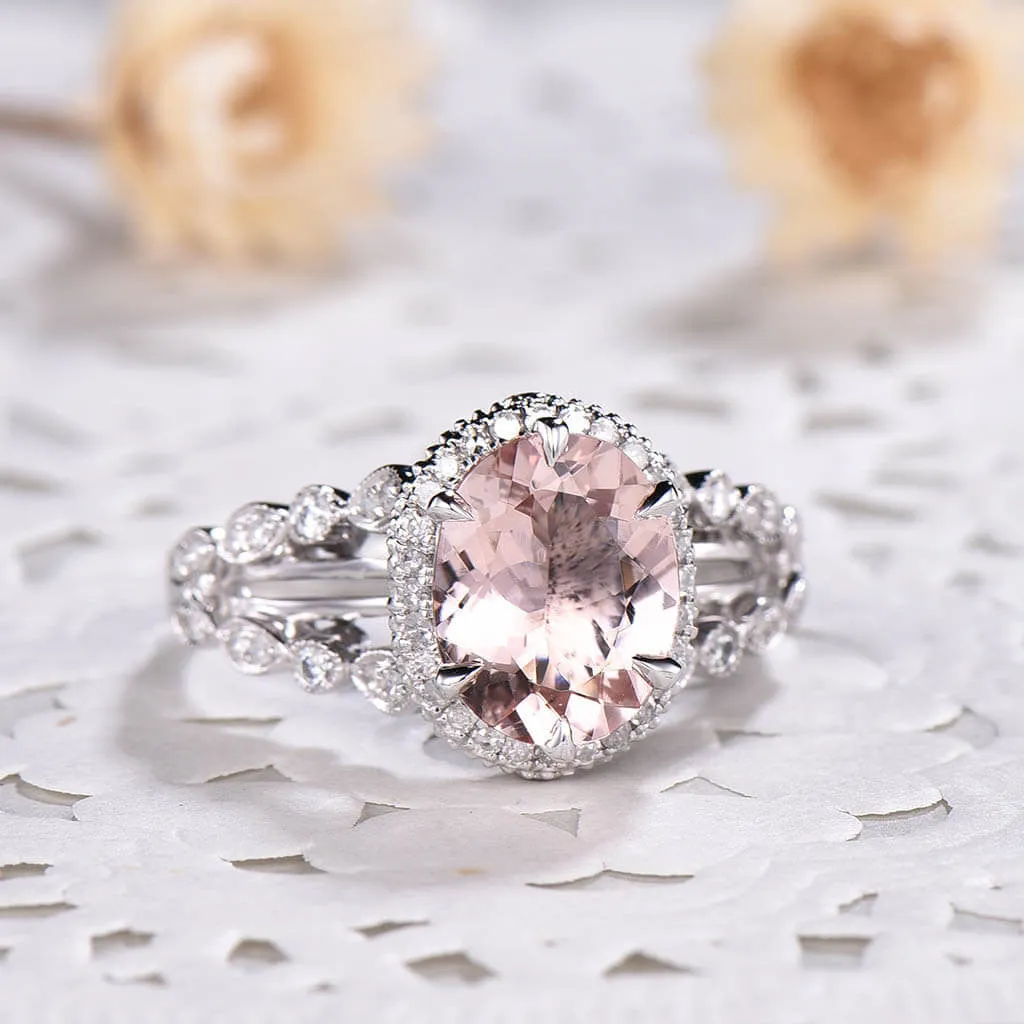 Split Shank Oval Morganite Diamond Halo Engagement Ring Unique