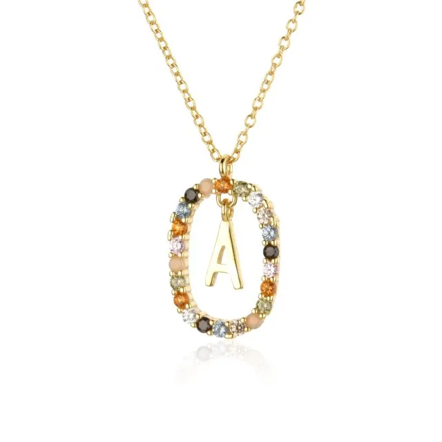 Sterling Silver Gold 26 Alphabet B J P Letters A M Initial Long Chain Necklace Summer Colorful Zircon Ovals