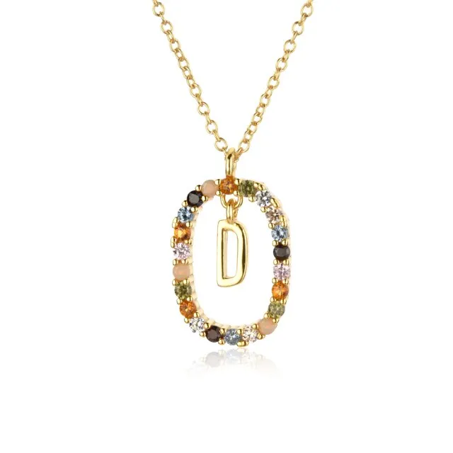 Sterling Silver Gold 26 Alphabet B J P Letters A M Initial Long Chain Necklace Summer Colorful Zircon Ovals