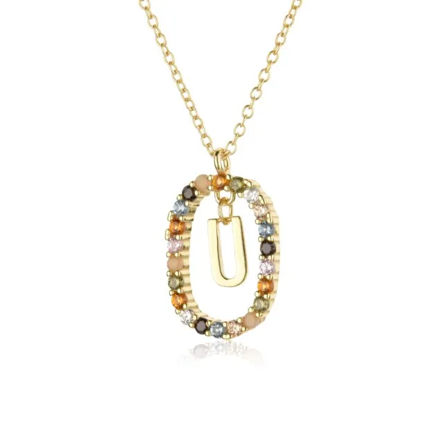 Sterling Silver Gold 26 Alphabet B J P Letters A M Initial Long Chain Necklace Summer Colorful Zircon Ovals