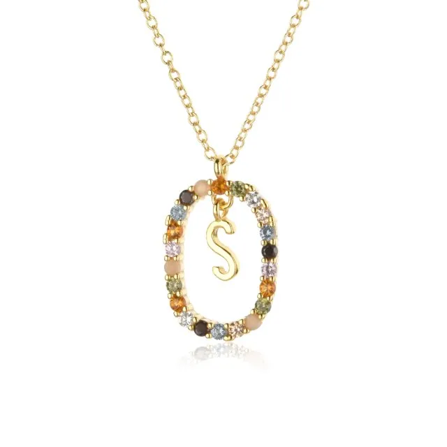 Sterling Silver Gold 26 Alphabet B J P Letters A M Initial Long Chain Necklace Summer Colorful Zircon Ovals