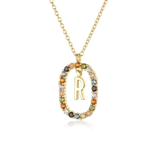 Sterling Silver Gold 26 Alphabet B J P Letters A M Initial Long Chain Necklace Summer Colorful Zircon Ovals