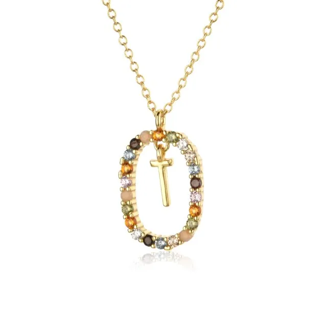 Sterling Silver Gold 26 Alphabet B J P Letters A M Initial Long Chain Necklace Summer Colorful Zircon Ovals