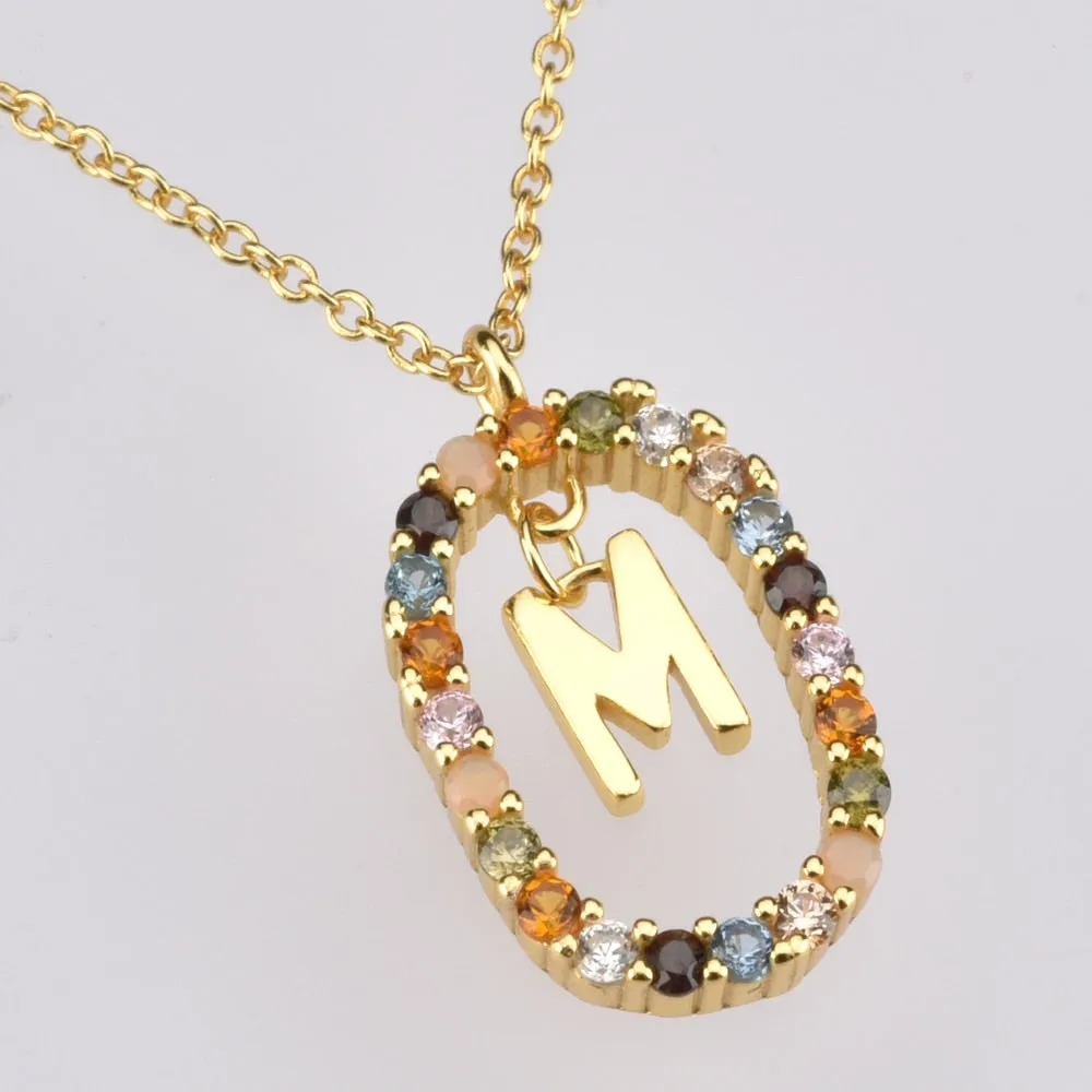 Sterling Silver Gold 26 Alphabet B J P Letters A M Initial Long Chain Necklace Summer Colorful Zircon Ovals