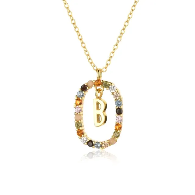 Sterling Silver Gold 26 Alphabet B J P Letters A M Initial Long Chain Necklace Summer Colorful Zircon Ovals