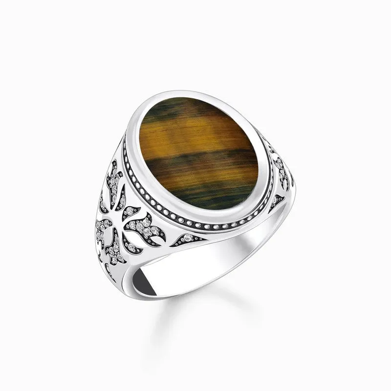 Thomas Sabo Silver Blackened Signet Ring with Gold Blue Tiger's Eye