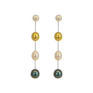 Tri-Pearl Linear Drop Silver Earrings