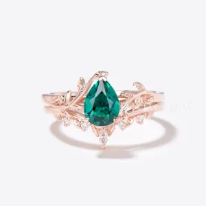 Twig Teardrop Emerald Engagement Ring Set Branch Leaf Ring