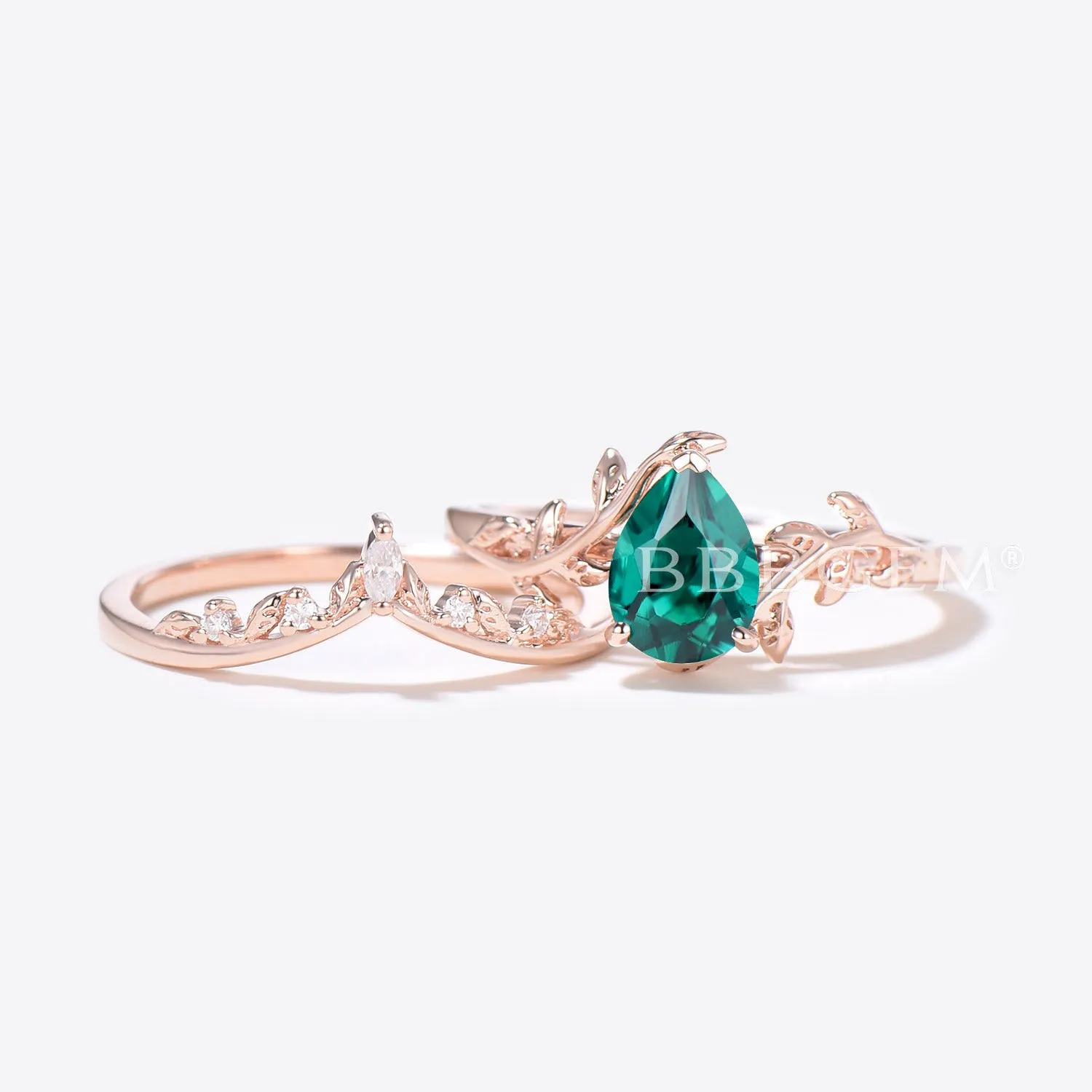 Twig Teardrop Emerald Engagement Ring Set Branch Leaf Ring