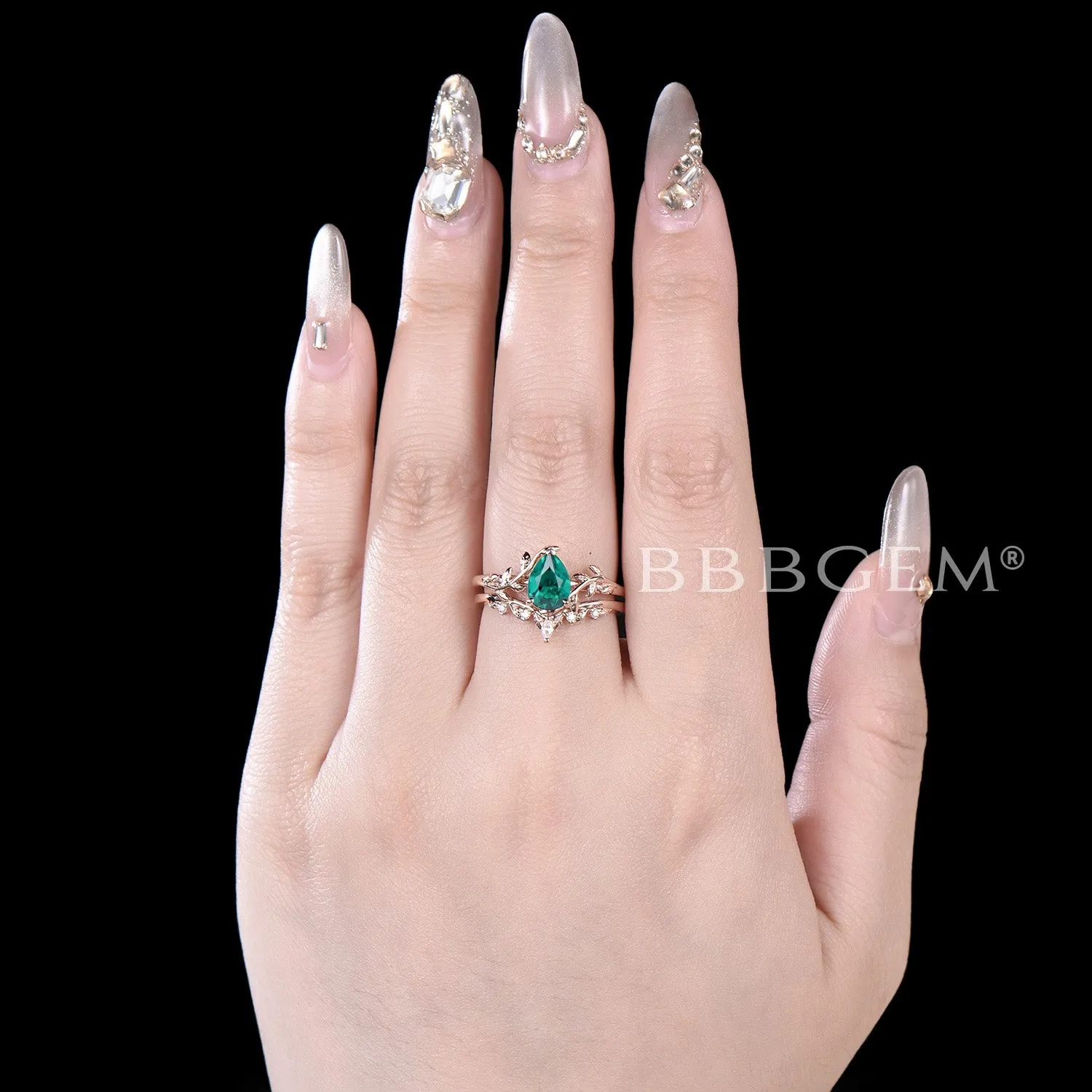 Twig Teardrop Emerald Engagement Ring Set Branch Leaf Ring