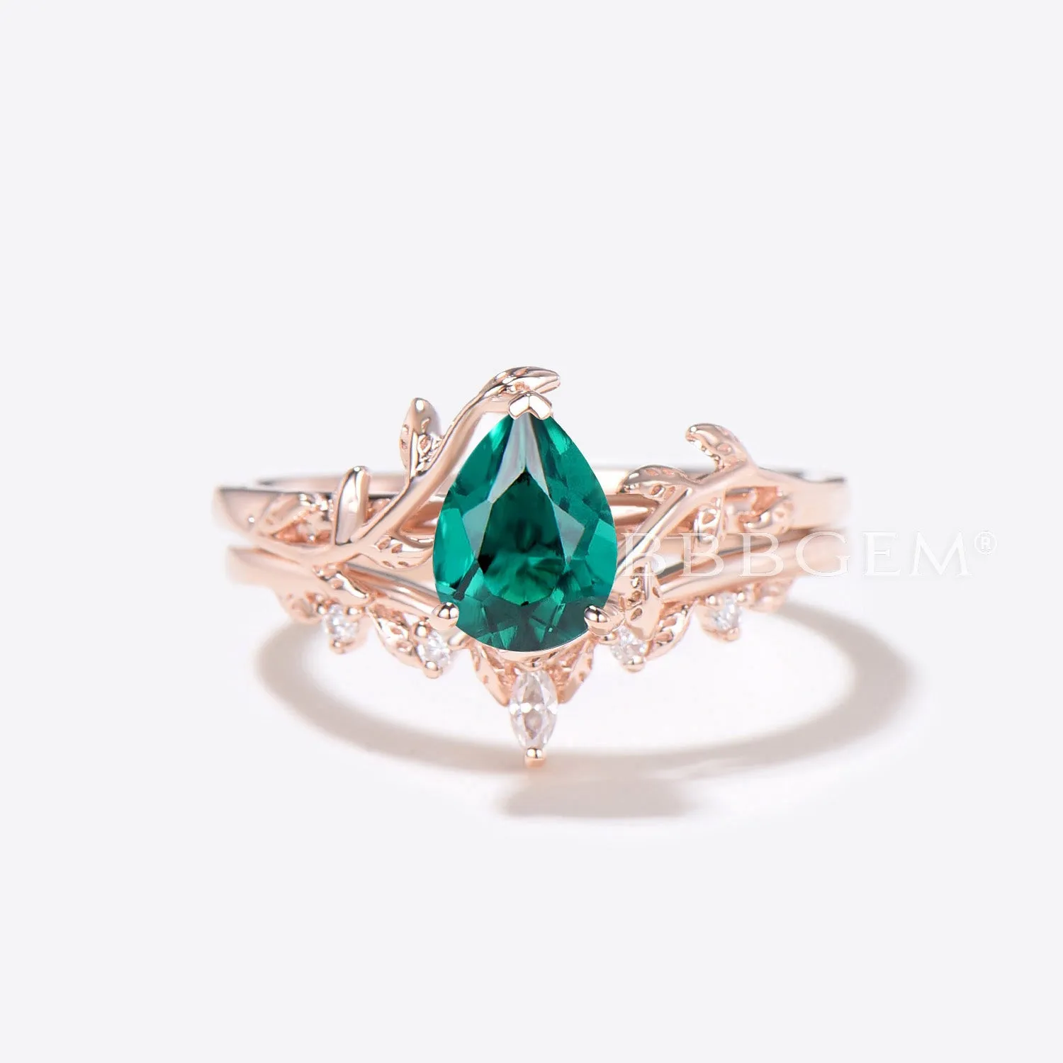 Twig Teardrop Emerald Engagement Ring Set Branch Leaf Ring