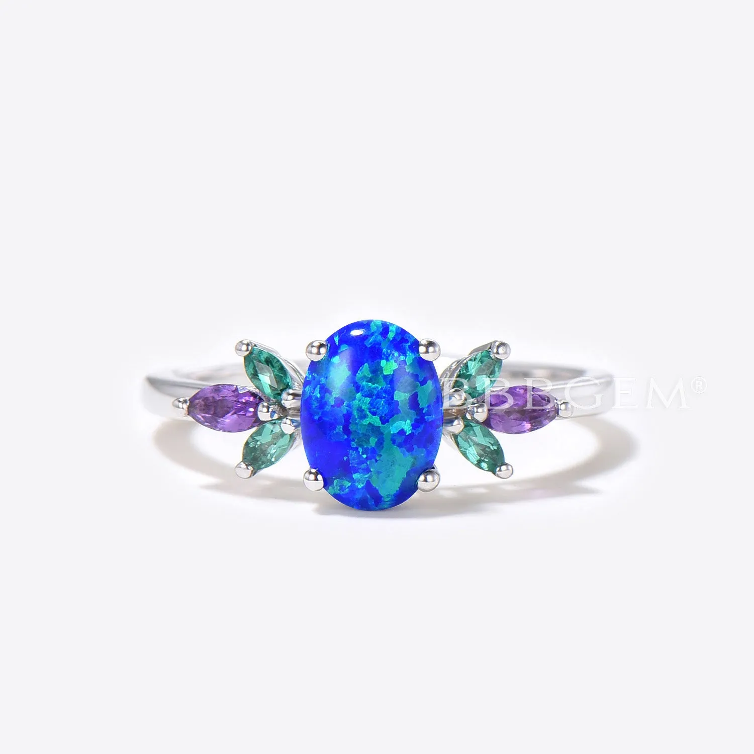 Unique 1.5ct Oval Cut Blue Opal Engagement Ring Set Sterling Silver Emerald Amethyst Wedding Ring Galaxy Blue Fire Opal Bridal Set Promise Gift